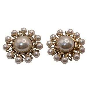 Vintage Cluster Earrings Faux‎ Pearls Statement Piece Mid Century Clip On Japan